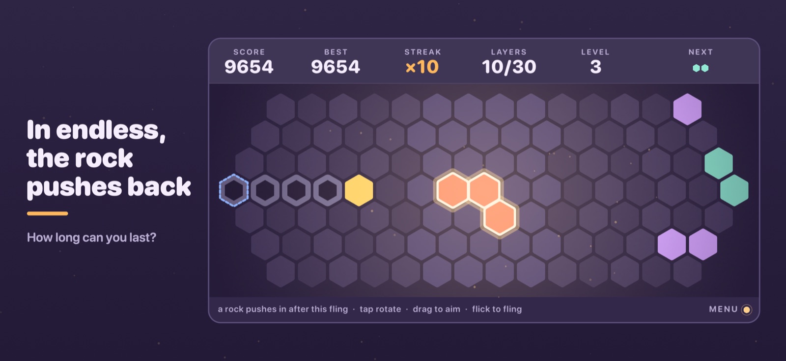 Endless mode, with a line of rocks driving one row toward the middle